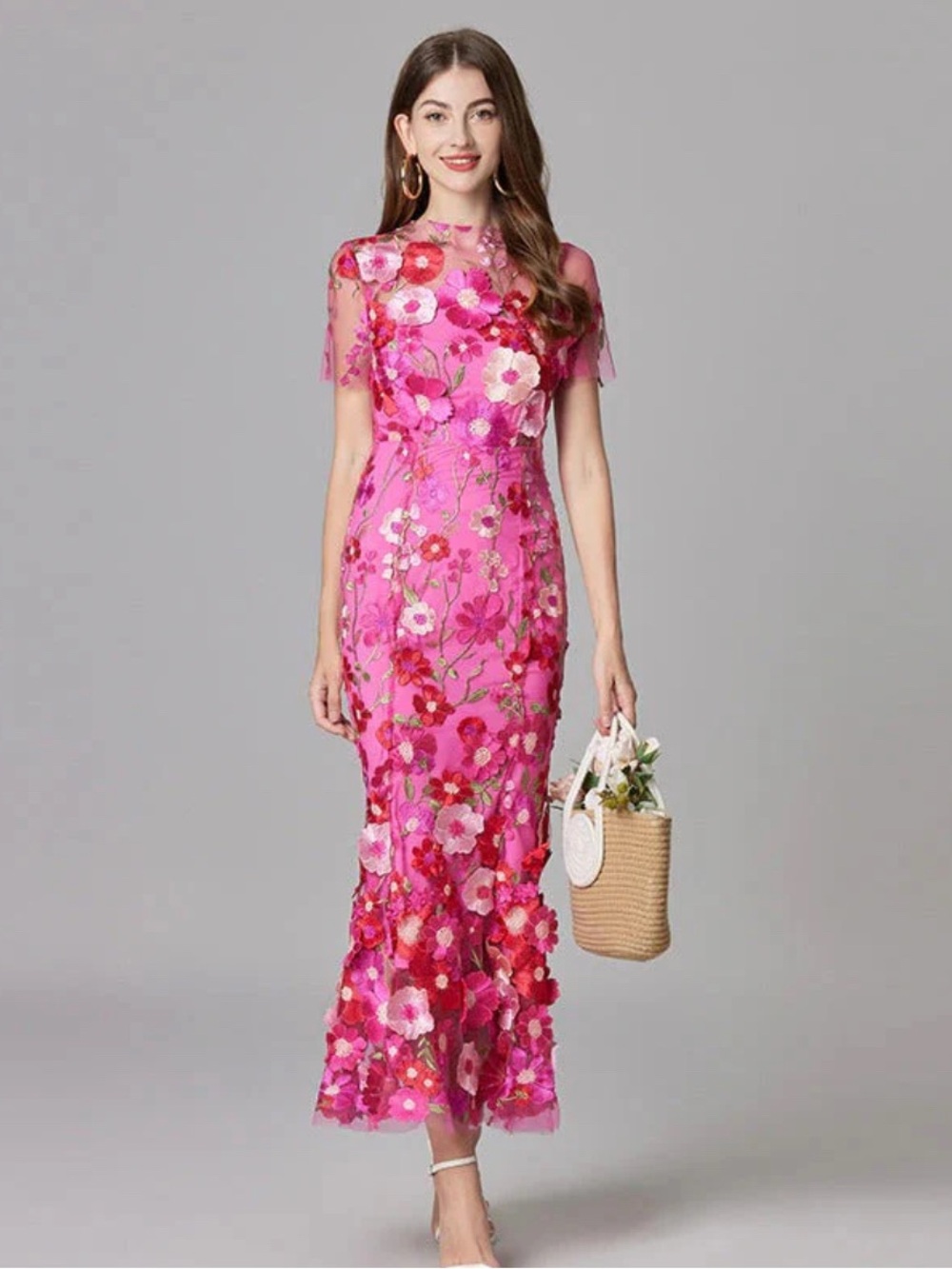 Floral Embroidered Pink Sheath Dress